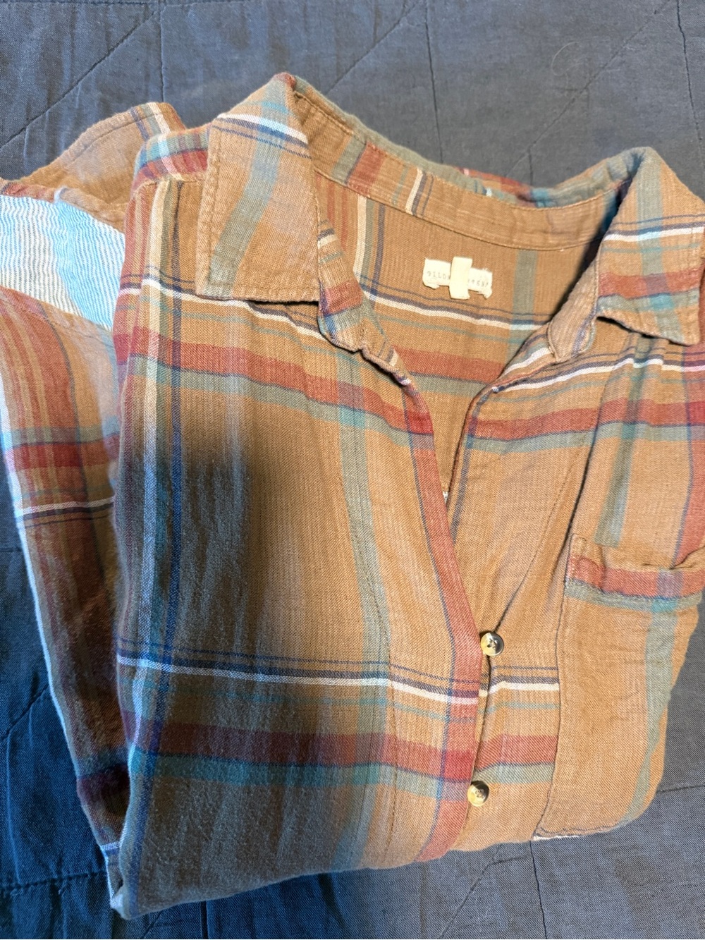 Women's Plaid Tunic Shirt in Tan with Rust and Blue Stripes
